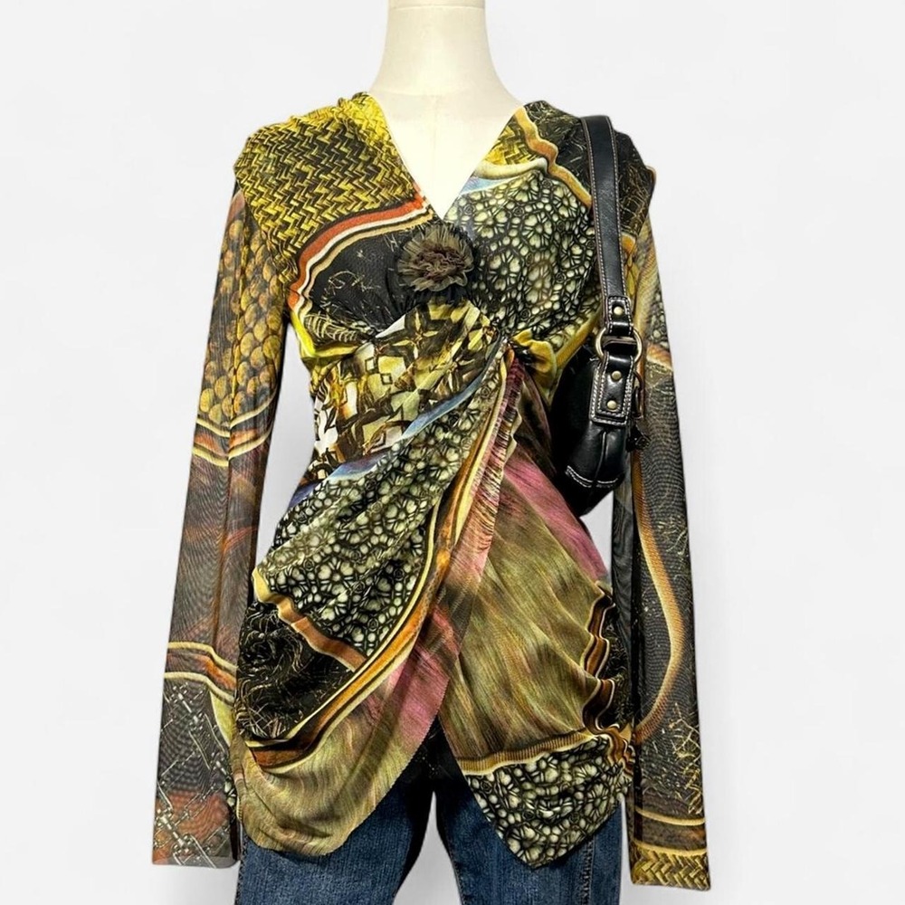 Y2K Petit Pois Maximalist Abstract Wrap Mesh Long Sleeve Top Womens M Euro Artsy